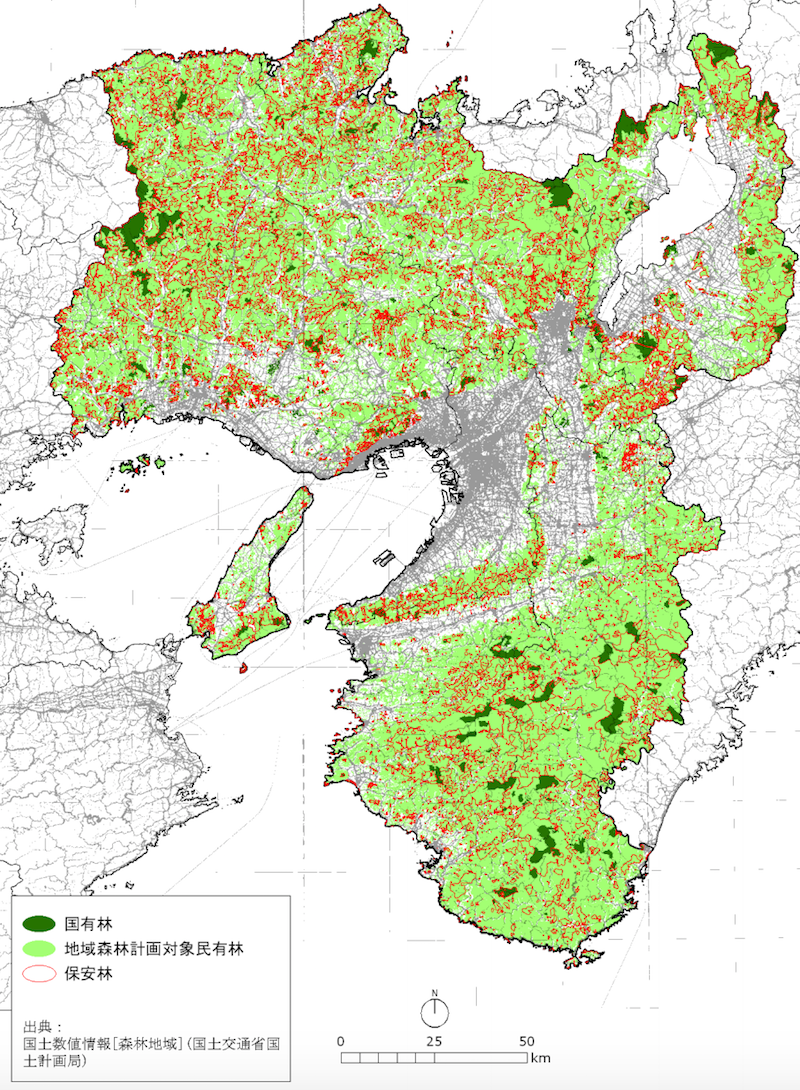 森林法の保安林と近畿の地域森林計画対象の民有林