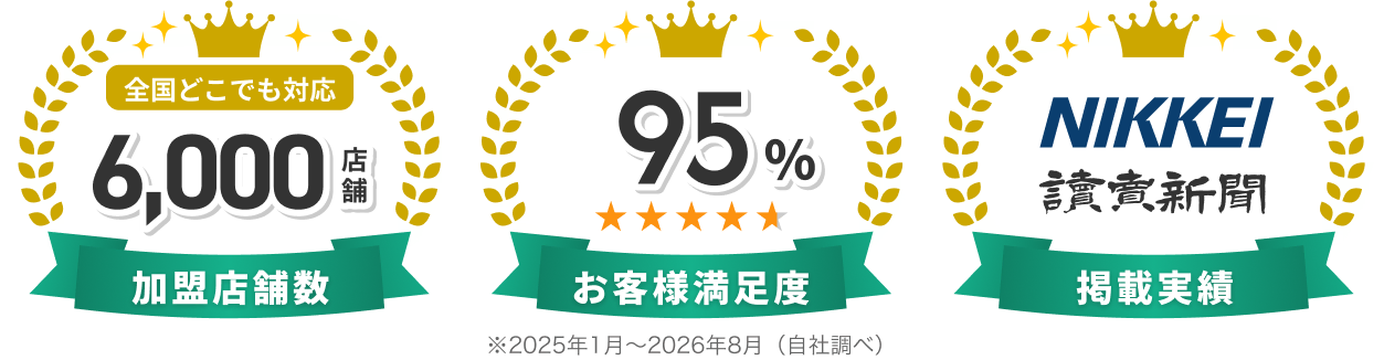 ・全国どこでも対応 加盟店舗数6,000店舗 ・お客様満足度95% ・掲載実績 NIKKEI 讀賣新聞