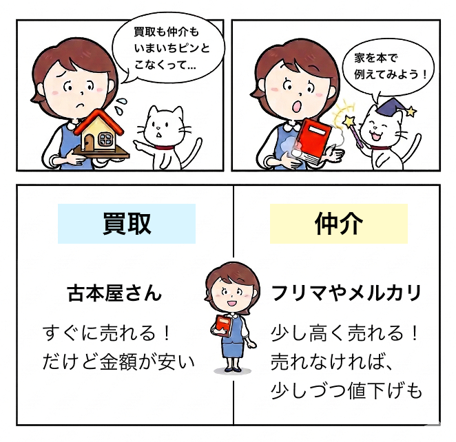 買取と仲介の違いを本に例えた漫画。買取は古本屋さんのようにすぐに売れるが金額が安い。仲介はフリマやメルカリのように少し高く売れるが、売れなければ少しづつ値下げも。