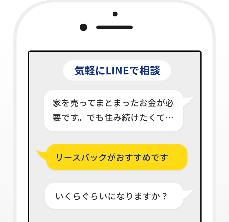 気軽にLINEで相談/家を売ってまとまったお金が必要です。でも住み続けたくて…/リースバックがおすすめです。/いくらぐらいになりますか？